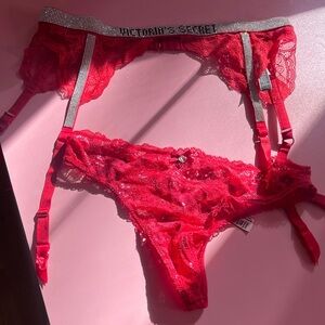Victoria's Secret Red Lace Garter & Victoria's Secret Mesh & Lace Panty set